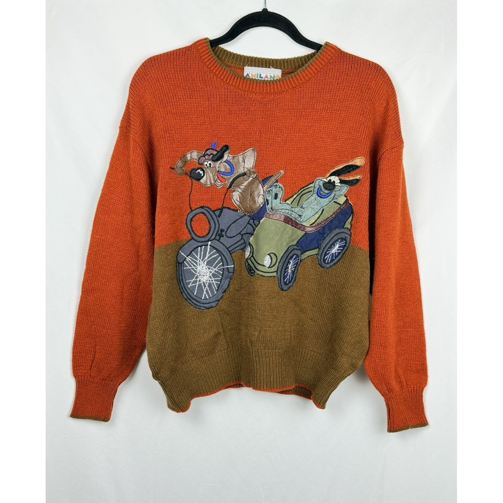 VTG 90s A'milano Novelty Knit Sweater Medium Orange Brown Motorcycle Dogs Car